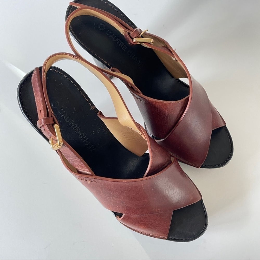 L’autre Chose Brown Leather Criss-Cross Sandle High Heel Clog Platform 7.5 - Picture 3 of 10